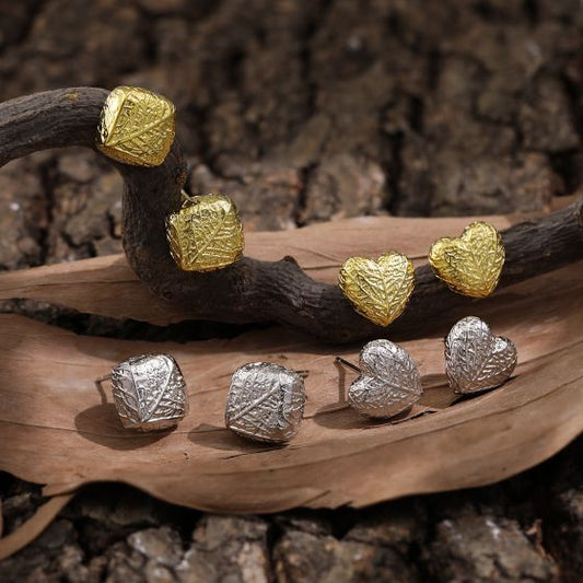 Geometric Square Heart Leaf 925 Sterling Silver Stud Earrings