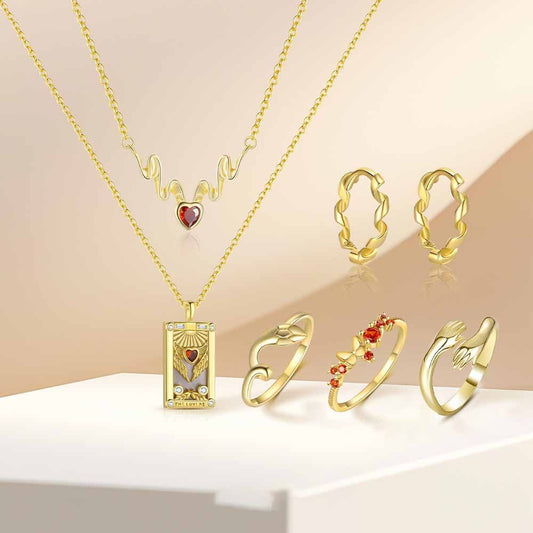 Tarot Card Heart Red CZ Necklace, Earrings & Adjustable Ring Set