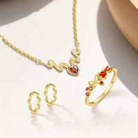 Tarot Card Heart Red Crystal Necklace, Earrings & Adjustable Ring Set