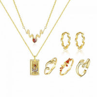 Tarot Card Heart Red Crystal Necklace, Earrings & Adjustable Ring Set