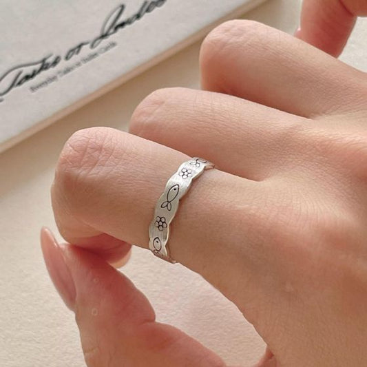Vintage Wave Border Fish and Flower Adjustable Ring