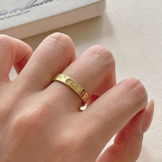 Crescent Moon and Star CZ Adjustable Sterling Silver Ring