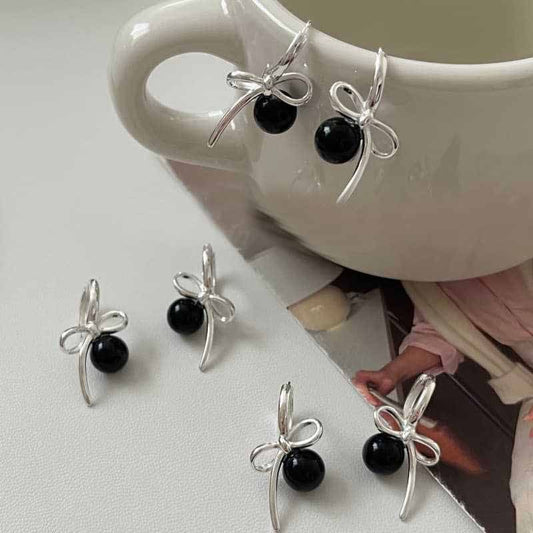 Black Agate Bow-Knot Leverback Earrings, 925 Sterling Silver