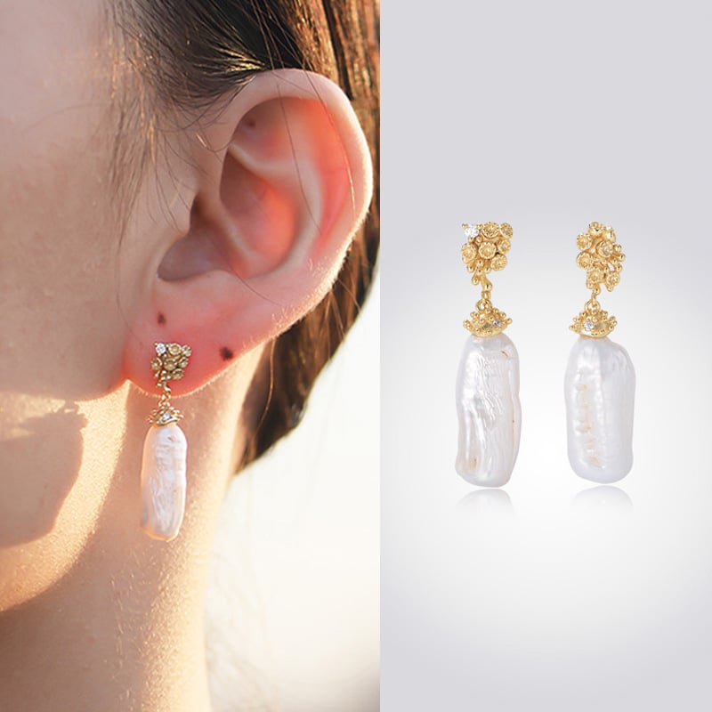 Sterling Silver Large Flower Baroque Pearl Earrings