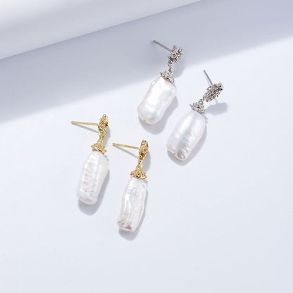 Sterling Silver Large Flower Baroque Pearl Earrings