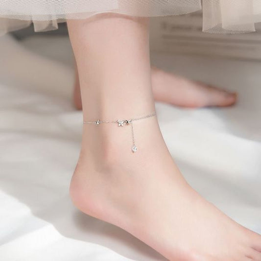 Double Butterfly and Flower 925 Sterling Silver Anklet