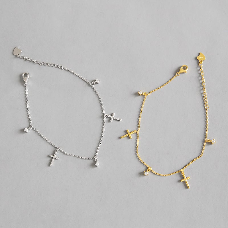 Silver Cubic Zirconia Cross Tassel Bracelet