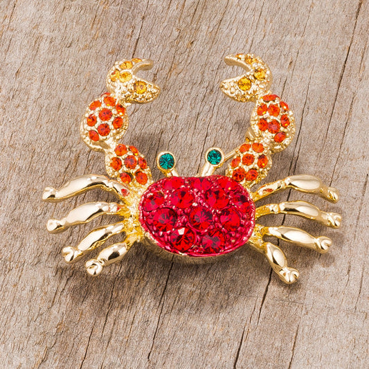 Gold Tone Crab Brooch with Red Accents and Crystals
