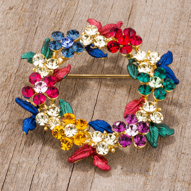 Multicolor Floral Wreath Brooch with Crystals