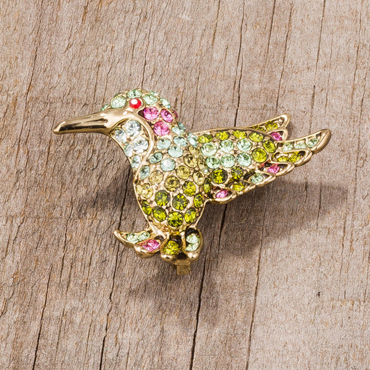 Multicolor Green Hummingbird Brooch with Crystals