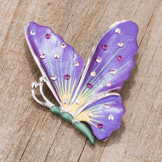 Purple Silvertone Butterfly Brooch with Crystals
