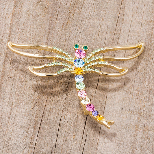 Gold Tone Dragonfly Brooch with Multicolor Crystals