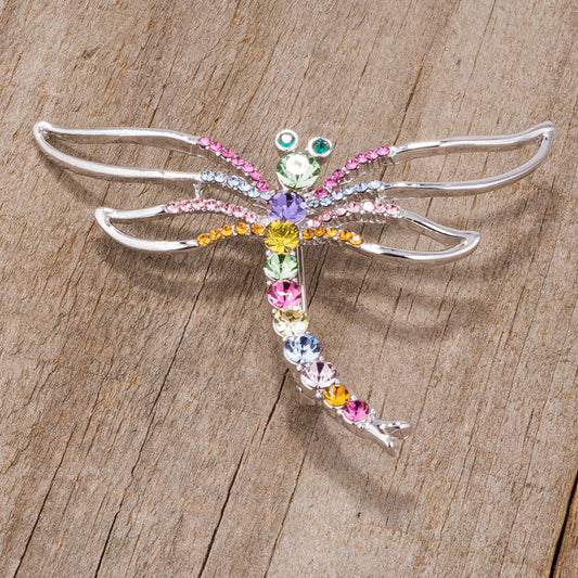 Rhodium Multicolor Dragonfly Brooch