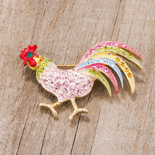 Gold Tone Multicolor Rooster Brooch