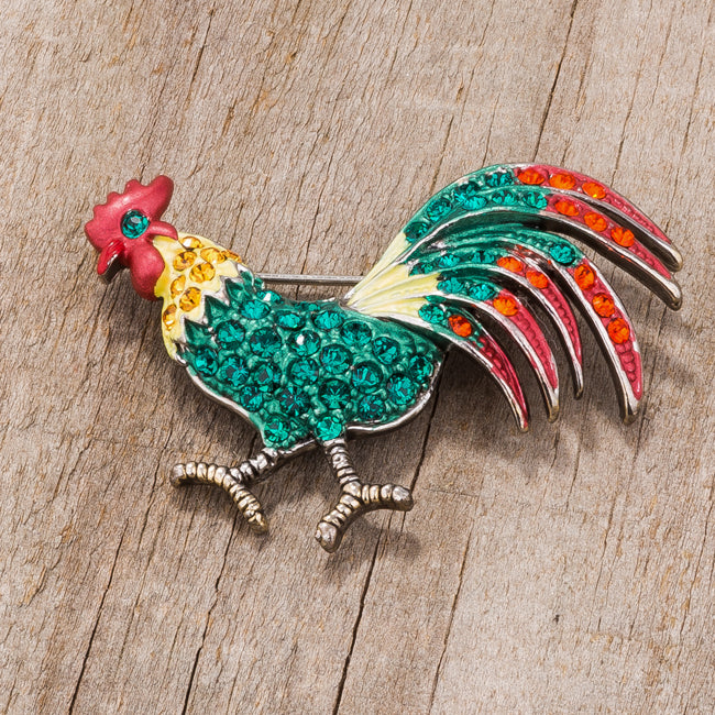 Antiqued Rooster Brooch with Crystals