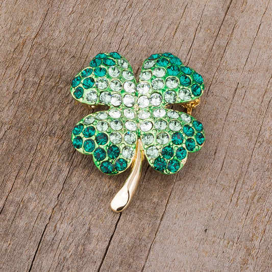 Green and Gold Shamrock Brooch with Crystals