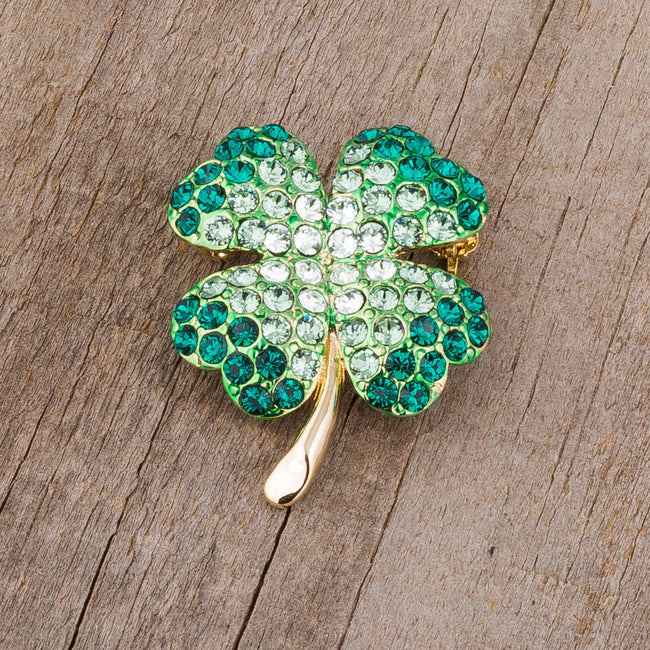 Green and Gold Shamrock Brooch with Crystals