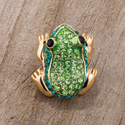 Green and Gold Frog Brooch with Crystals