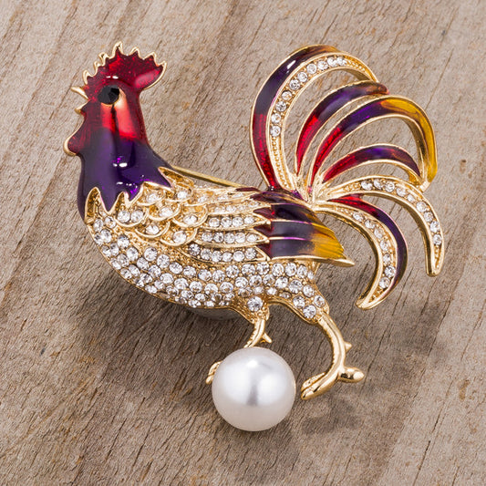 Gold Tone Multicolor Rooster Brooch