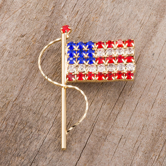 Gold Tone USA Flag Brooch with Crystals