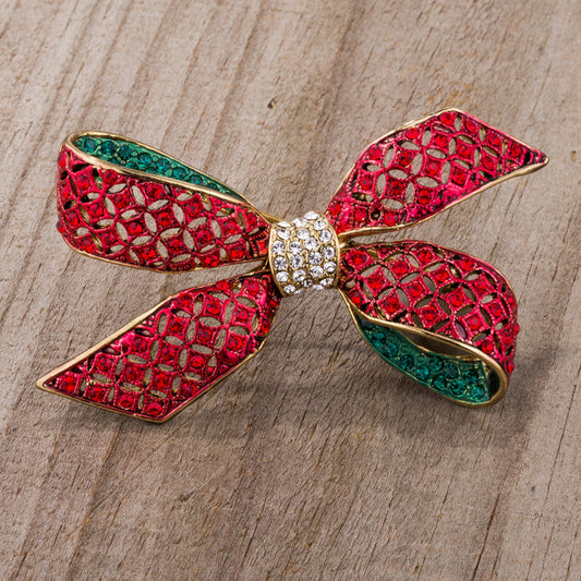 Red and Green Crystal Bow Brooch