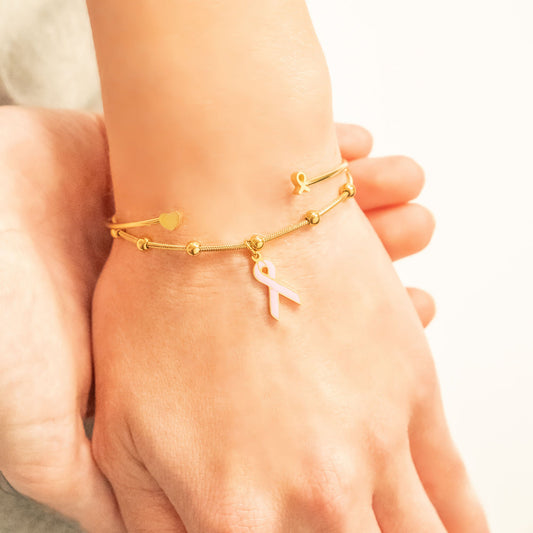 18K Gold PVD Adjustable Bangle with Cancer Ribbon Charm