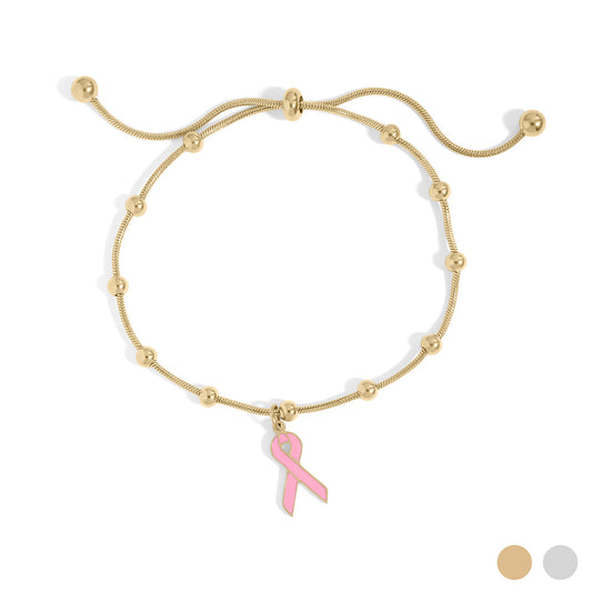 18K Gold PVD Adjustable Bangle with Cancer Ribbon