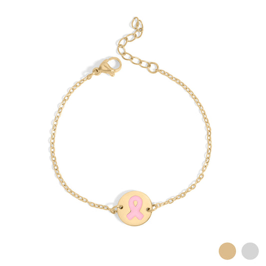 18K Gold PVD Breast Cancer Ribbon Charm Bracelet