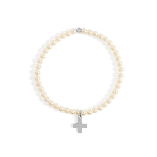 18K Gold PVD Pearl Beaded Child Stretch Bracelet with Cross