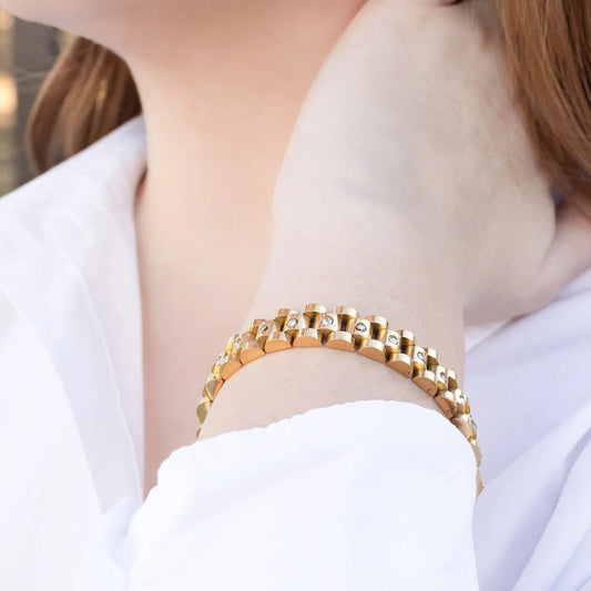 18K Gold Stainless Steel Watch with Stone-Accented Band