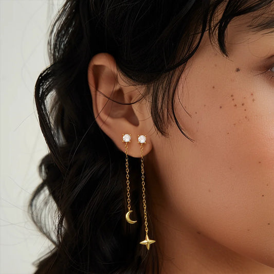 Gold Plated Star and Moon Drop Earrings