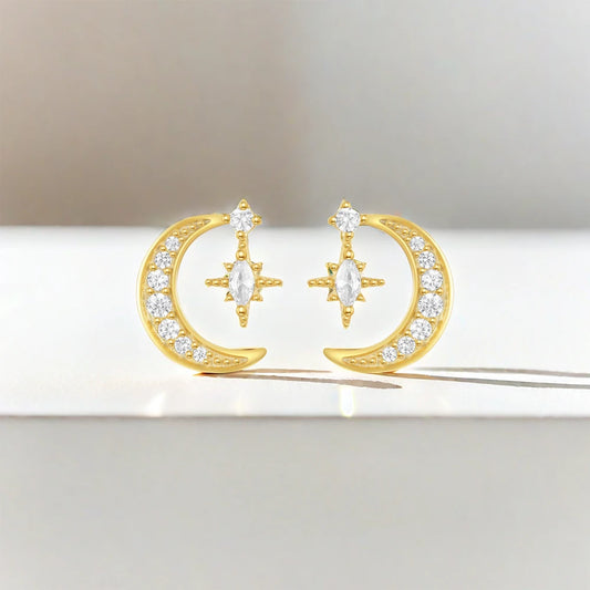 Gold Plated Sterling Silver Half Moon Star Stud Earrings