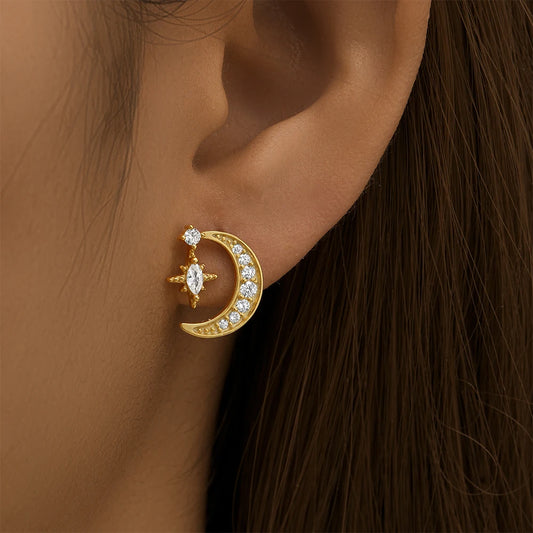 Gold Plated Sterling Silver Half Moon Star Stud Earrings