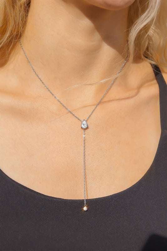 18K Gold PVD Teardrop CZ Lariat Necklace