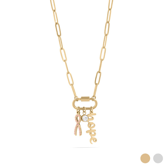 18K Gold PVD 316L Stainless Steel Cancer Awareness Carabiner Necklace