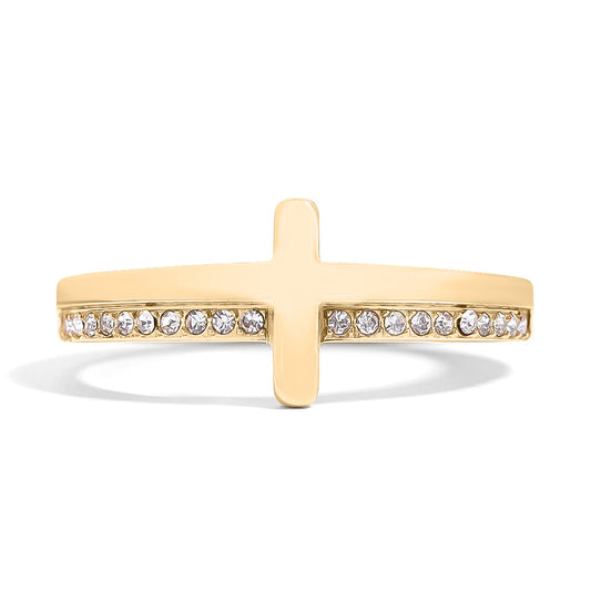 18K Gold PVD Cross CZ Engraved Stacking Ring