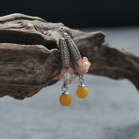 Baltic Yellow Amber Pearl Flower Stud Earrings
