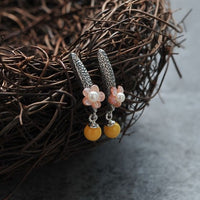 Baltic Yellow Amber Pearl Flower Stud Earrings