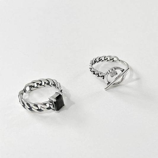 Vintage Geometry Created Agate 925 Sterling Silver Adjustable Ring