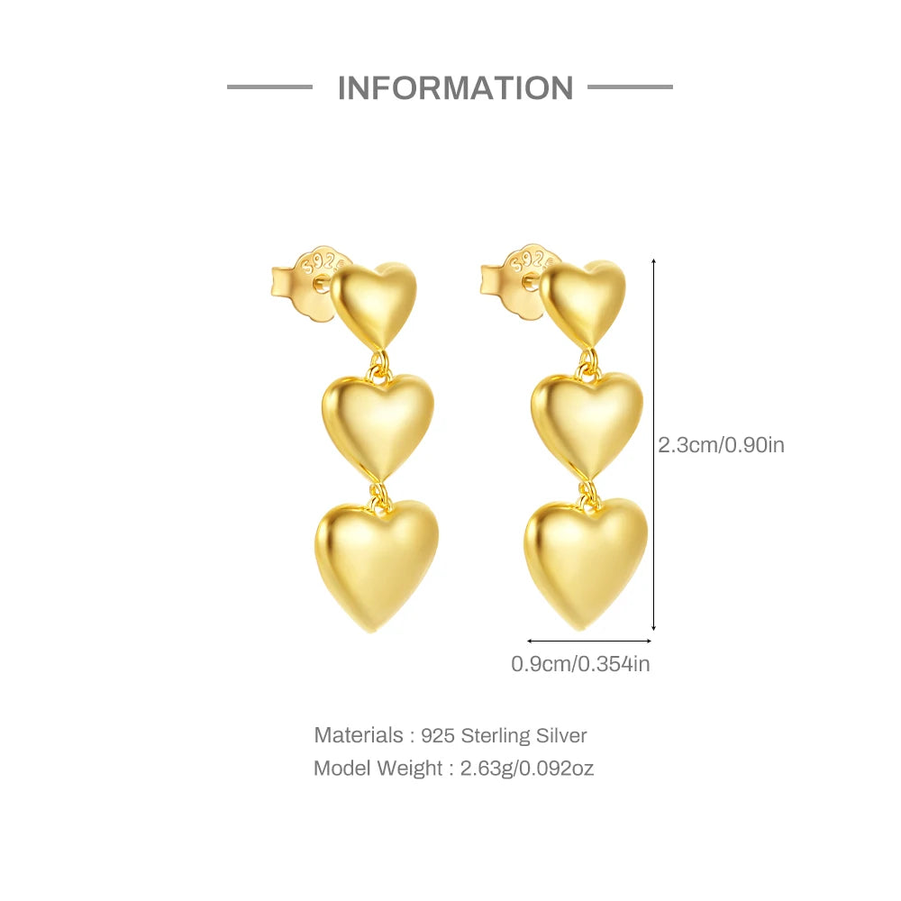 Sterling Silver Three Hearts Drop Earrings