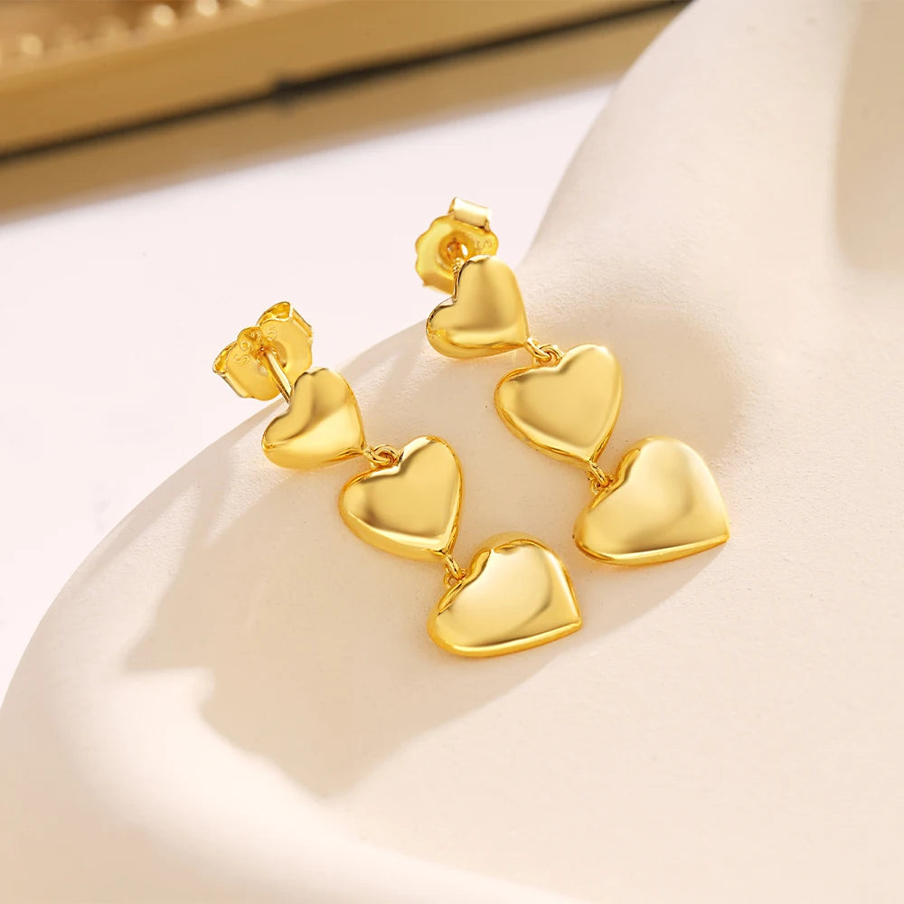 Sterling Silver Three Hearts Drop Earrings