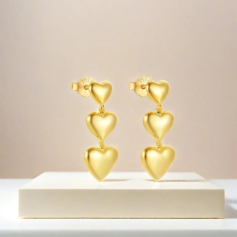 Sterling Silver Three Hearts Drop Earrings