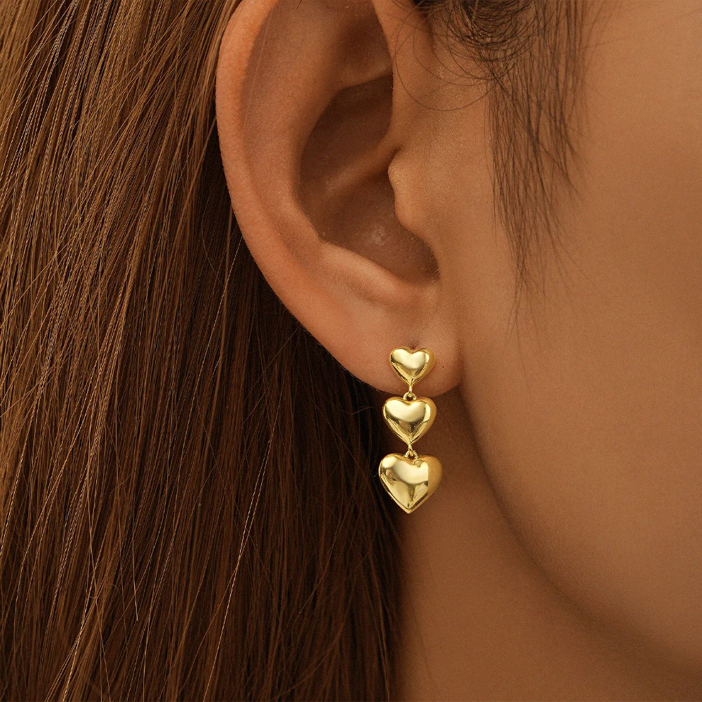 Sterling Silver Three Hearts Drop Earrings