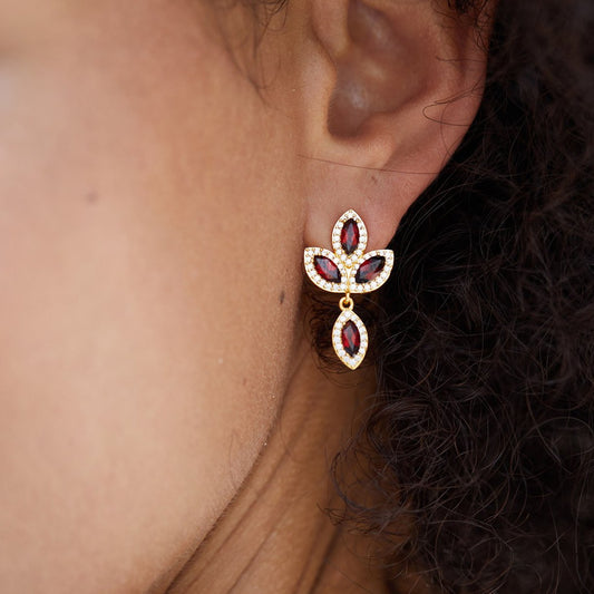 Natural Garnet Floral Drop Earrings