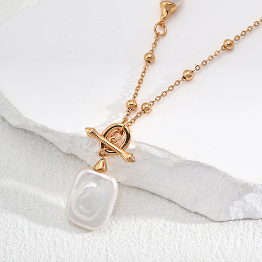 Gold Plated Chain Link Necklace with Baroque Pearl & Compass Pendant