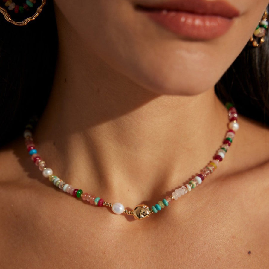 Sterling Silver Pearl and Colorful Gemstone Necklace