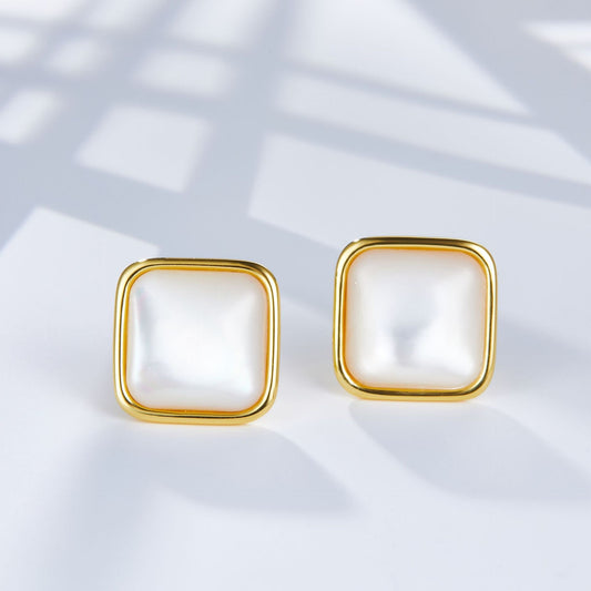 Gold Trimmed Square White Stud Earrings