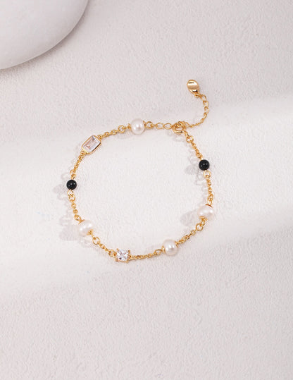 18K Gold Plated Sterling Silver Minimalist Bracelet with Pearls and Onyx