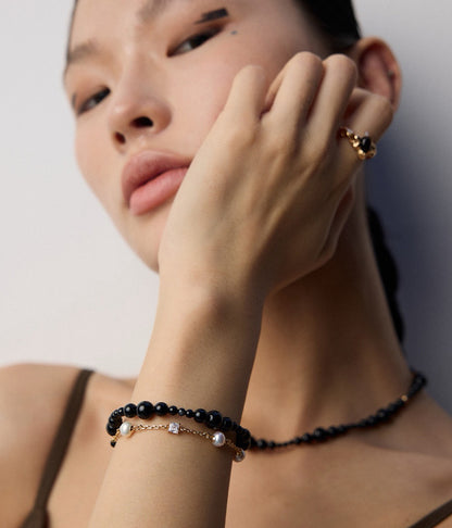18K Gold Plated Sterling Silver Minimalist Bracelet with Pearls and Onyx
