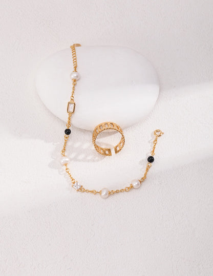 18K Gold Plated Sterling Silver Minimalist Bracelet with Pearls and Onyx